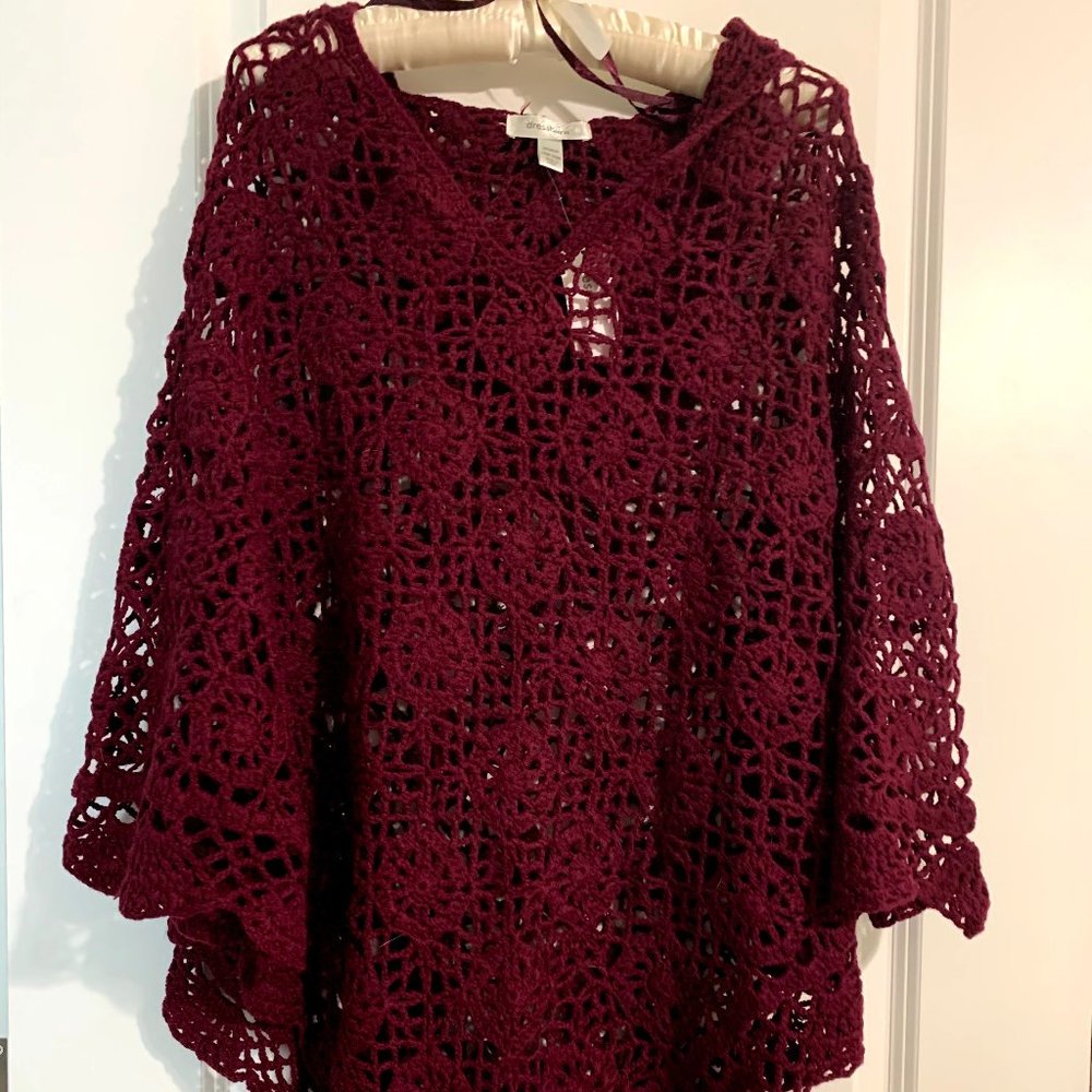 Burgandy Crochet Cape w. hood New w. tags One size